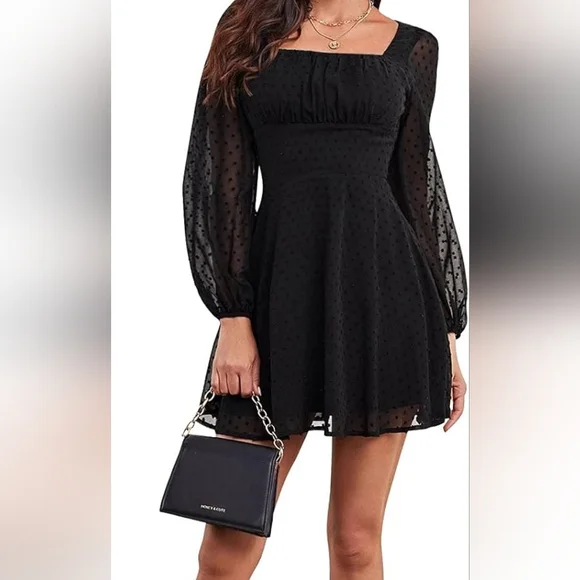 Polka Dot Square Neck A line Long Sleeve Swiss Dots Mini Dress - Picture 3 of 3